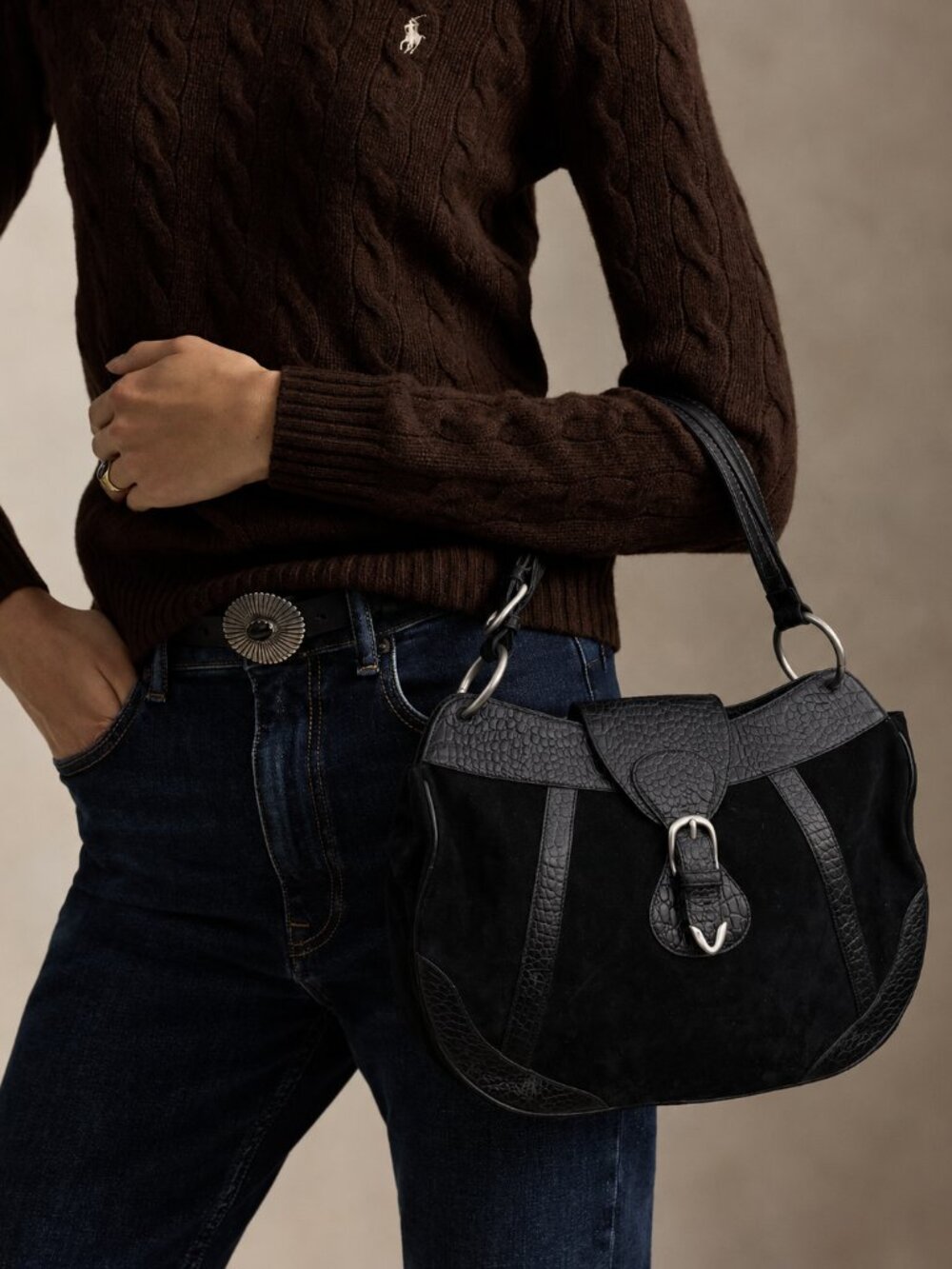 Ralph Lauren Black Suede Croc Embossed Shoulder Bag Silver Buckle